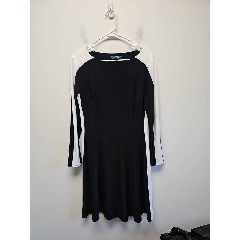 Lauren Ralph Lauren Black White Shift Dress 3/4 Sleeve Size 12 Long Sleeves Flaw